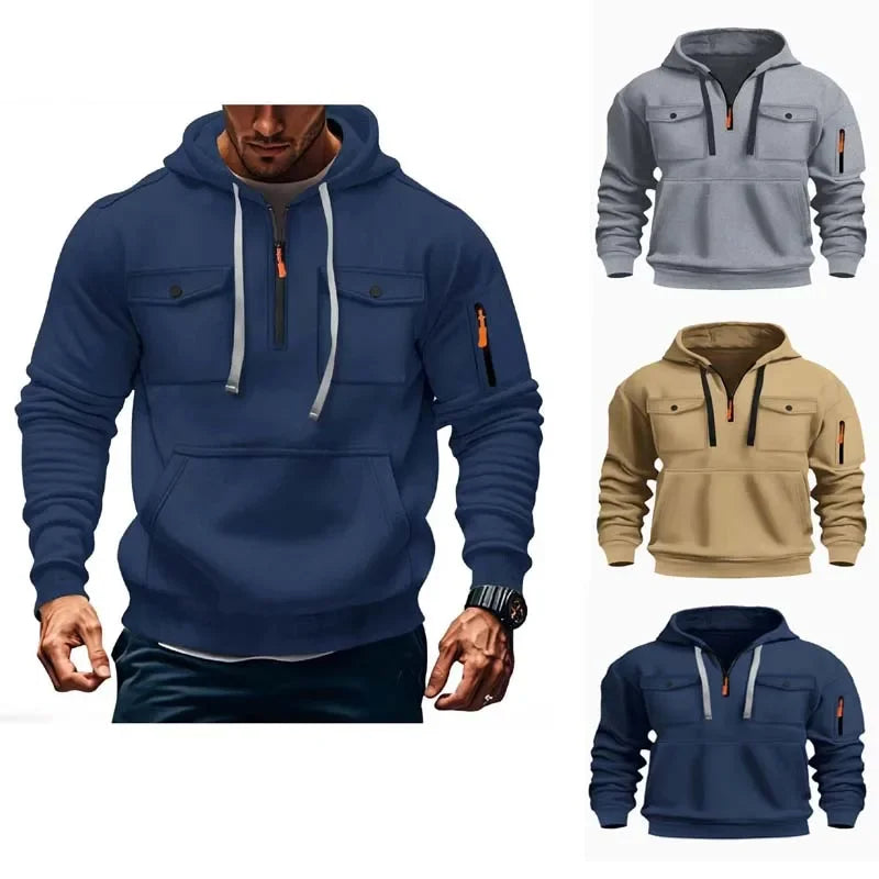 New autumn and winter men's hooded sweatshirt with multiple pockets, long sleeved hooded wool top, men's casual sports jacket