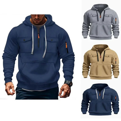 New autumn and winter men's hooded sweatshirt with multiple pockets, long sleeved hooded wool top, men's casual sports jacket