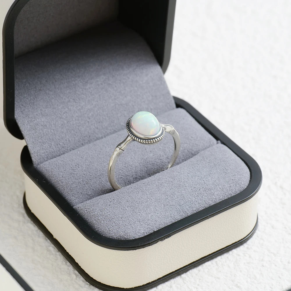 Vintage S925 Silver Ring Natural Opal Antiqued Bamboo Stackable Open Bands Adjustable Handmade Boho Jewelry Birthstone Gift - AMULET RING STORE