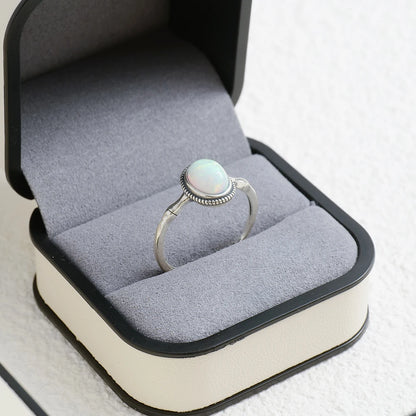 Vintage S925 Silver Ring Natural Opal Antiqued Bamboo Stackable Open Bands Adjustable Handmade Boho Jewelry Birthstone Gift - AMULET RING STORE