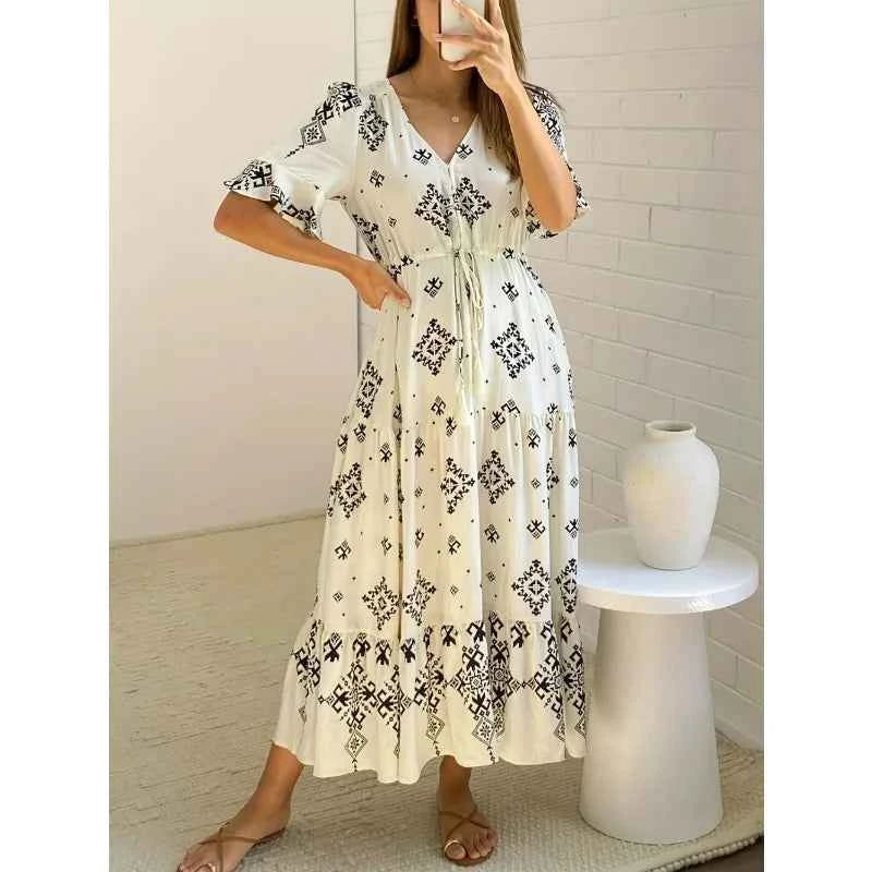 Plus Size Womens Summer Loose Boho Flowy Wrap V Neck 3/4 Sleeve Floral Print Slit Beach Wedding Guest Long Maxi Dresses Vistidos