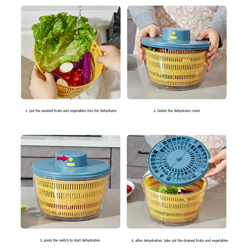 Electric Drain Basket Cleaning Dryer Fruit and Vegetable Dry and Wet Separation Draining Salad Spinner Home Gadget - AMULET RING STORE
