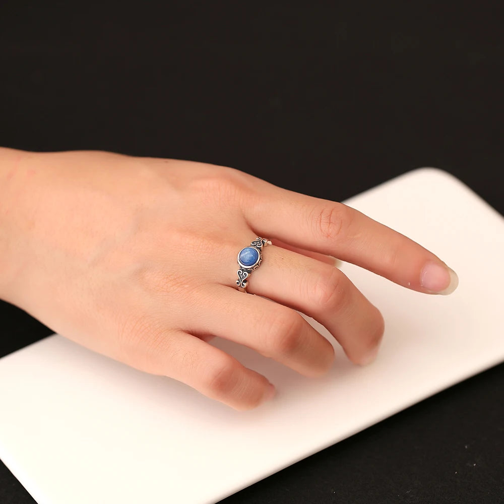 Retro 925 Silver Blue Crystal Ring, Natural Crystal Women's Ring Jewelry, Elegant Retro Ring Bohemian Style, Adjustable Size - AMULET RING STORE