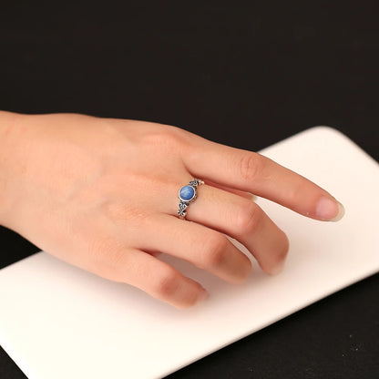 Retro 925 Silver Blue Crystal Ring, Natural Crystal Women's Ring Jewelry, Elegant Retro Ring Bohemian Style, Adjustable Size - AMULET RING STORE