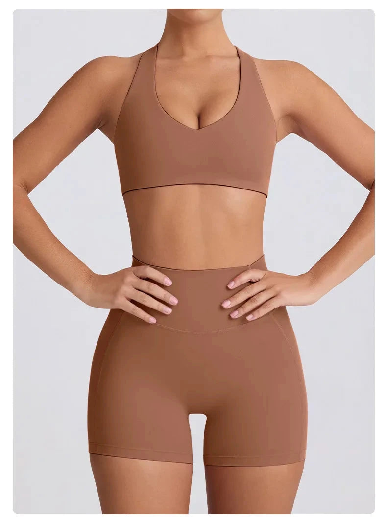 2PCS Yoga Set Women Sports Bra Sexy Gym Top Cross Strap Breathable Fitness Bra Peach Hip Yoga Pants Workout Clothes Sportswear