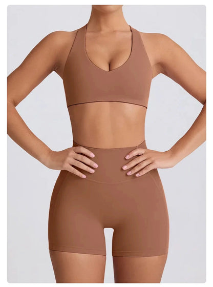 2PCS Yoga Set Women Sports Bra Sexy Gym Top Cross Strap Breathable Fitness Bra Peach Hip Yoga Pants Workout Clothes Sportswear