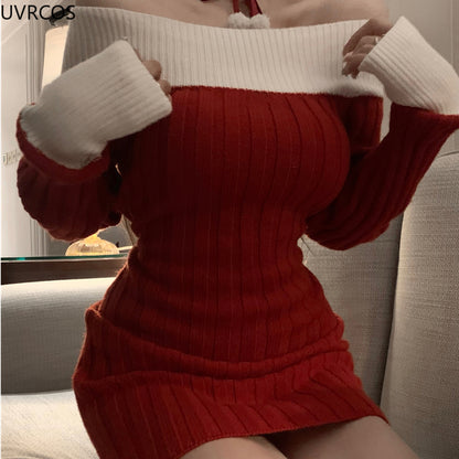 Sexy Red Christmas Dress Women Autumn Winter Korean Style Slash Neck Bodycon Knitted Dresses Female Elegant Y2k Party Mini Dress - AMULET RING STORE