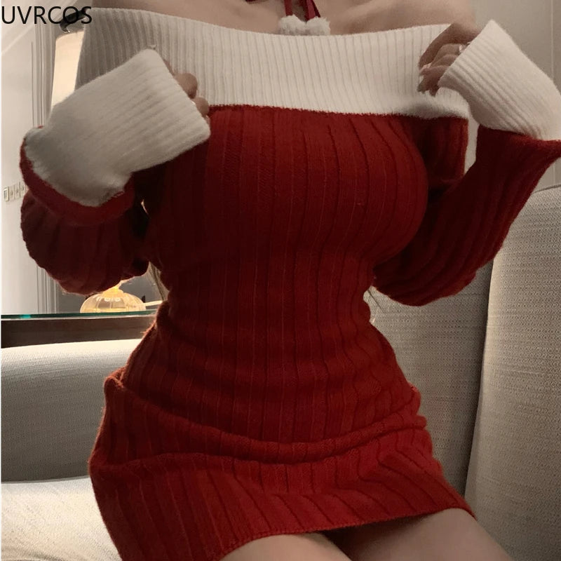 Sexy Red Christmas Dress Women Autumn Winter Korean Style Slash Neck Bodycon Knitted Dresses Female Elegant Y2k Party Mini Dress - AMULET RING STORE