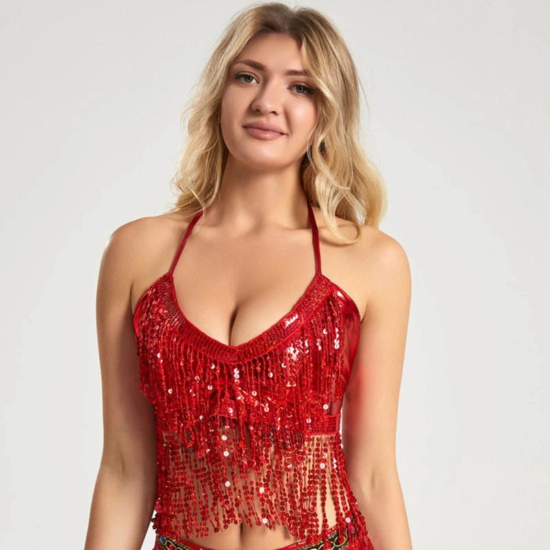 Women Belly Dance Tassel Crop Top Sequin Halter Top Bandage Tank Top Strappy Backless Tube Sleeveless Vest Hot Beach Shinny Top - AMULET RING STORE