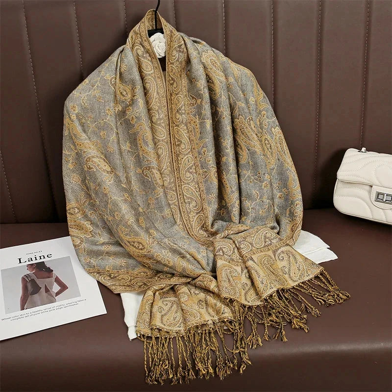 Women National Style Flower Pattern Scarf Jacquard Pashmina Cashmere Tassel Classic Shawl Coldproof Warm Neck Protection