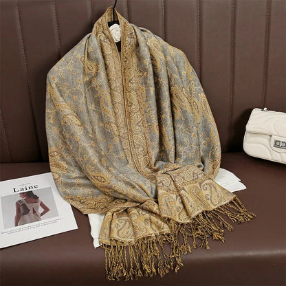 Women National Style Flower Pattern Scarf Jacquard Pashmina Cashmere Tassel Classic Shawl Coldproof Warm Neck Protection