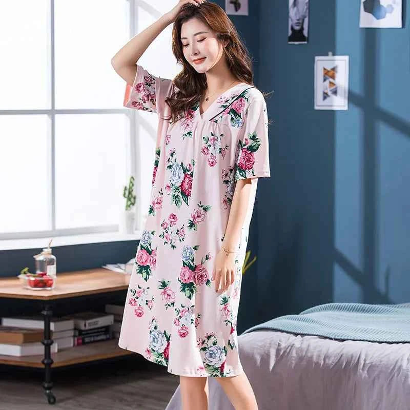 2025 Summer Small Floral Night Dress Women Nightgown Big Yards 3XL Sleepshirts Short-sleeves Nightie Nightdress Cotton Sleepwear