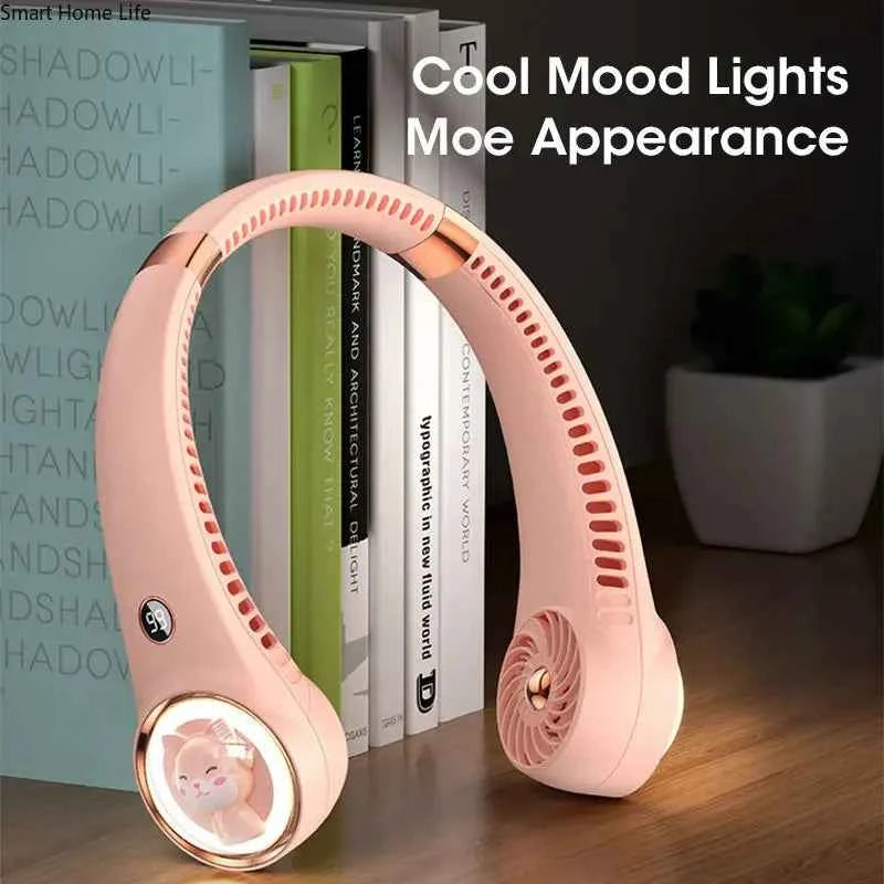 Bladeless Neck Fan 2000mAh USB Rechargeable Digital Display Cute Cat Hanging Mini for Travel Office