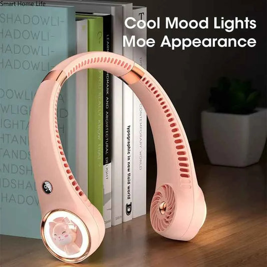 Bladeless Neck Fan 2000mAh USB Rechargeable Digital Display Cute Cat Hanging Mini for Travel Office
