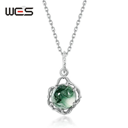 WES 100% 925 Silver Natural Unique Moss Agate Pendant Necklace for Woman Forest Jewelry Engagement Gift Boho Style Wholesale - AMULET RING STORE