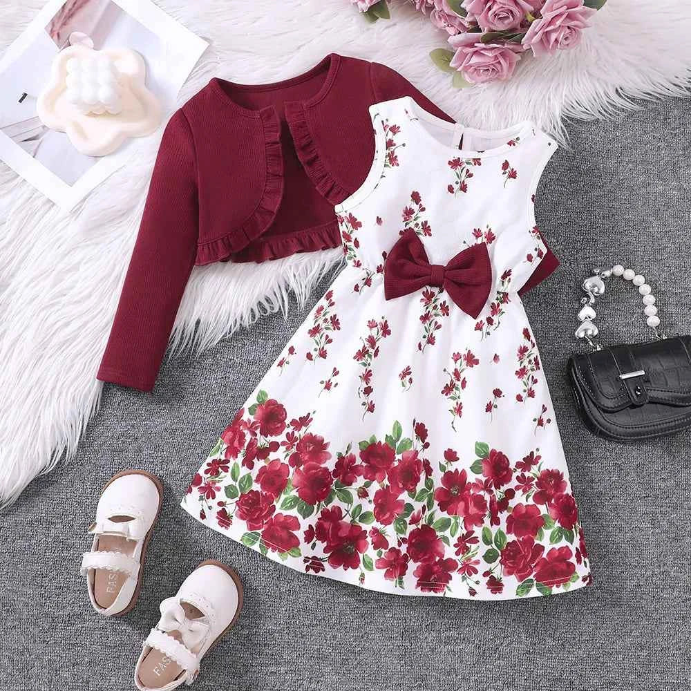2 Pcs Kids Casual Dress Sets For Girls Clothes Autumn Winter 2024 New Child Long Sleeve Cardigan Coat Floral Print Tank Dress
