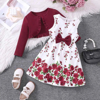 2 Pcs Kids Casual Dress Sets For Girls Clothes Autumn Winter 2024 New Child Long Sleeve Cardigan Coat Floral Print Tank Dress