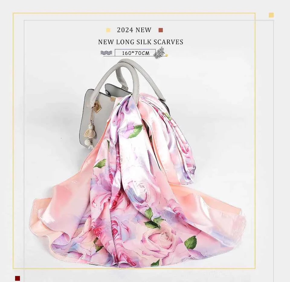 New Spring Fall Pink Rose Silk Scarf Shawl Printed Winter Fashion Women Neck Scarf  Floral Design Long Scarves Wraps  160*70cm