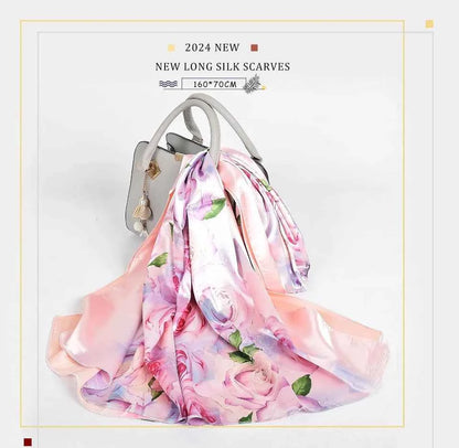 New Spring Fall Pink Rose Silk Scarf Shawl Printed Winter Fashion Women Neck Scarf  Floral Design Long Scarves Wraps  160*70cm