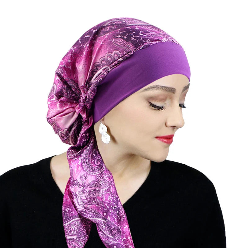 Printed Pre-tie Headscarf Women Elastic Muslim Female Turban Cancer Chemo Hat Hair Loss Cover Head Wrap Headwear Stretch Bandana - AMULET RING STORE