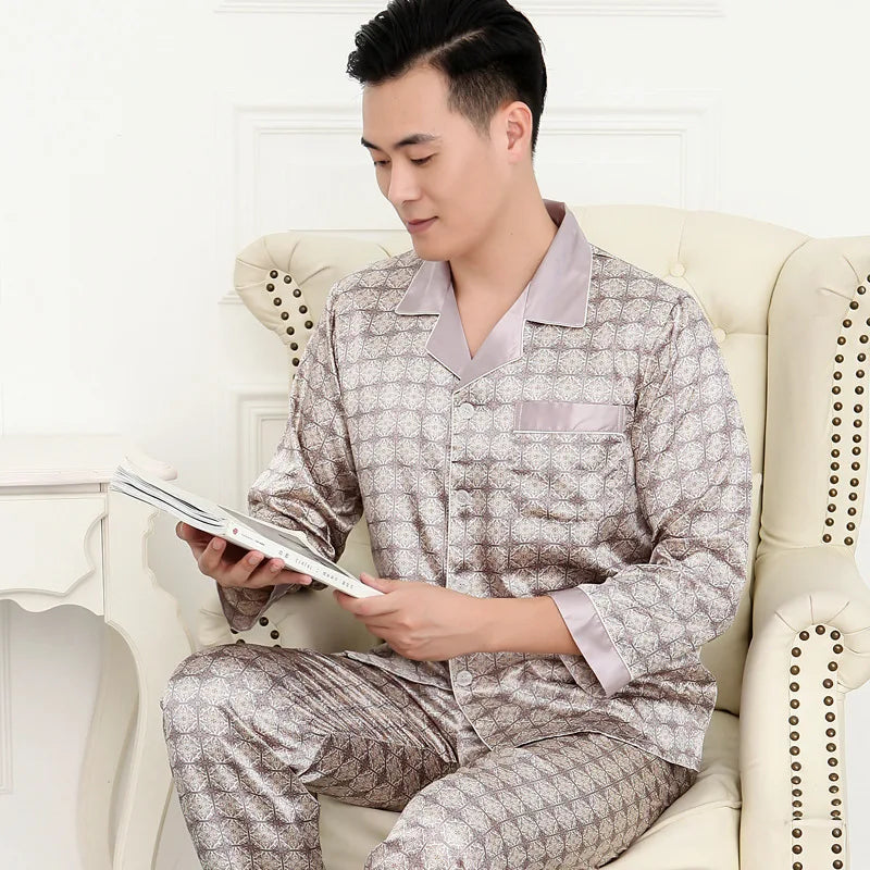 High Quality Pajamas Set Men Spring Autumn Thin Polyester Ice Silk Long-sleeved Sleepwear Plus Size Summer Home Clothes Male