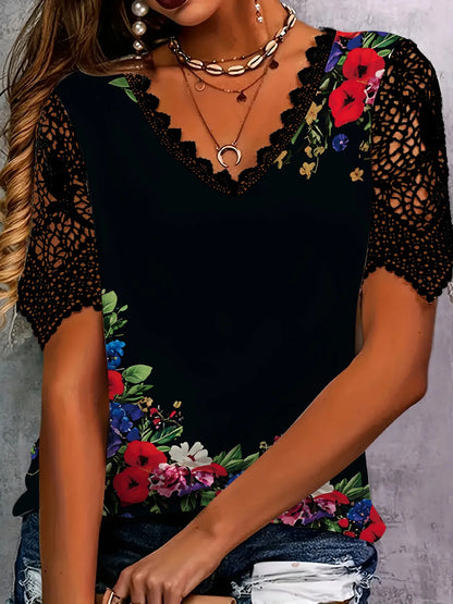 New Boho Flower Blouses Womens Fashion Shirt V-Neck Short Sleeve Flower Print Shirt Tops Casual Loose Ladies Floral Lace