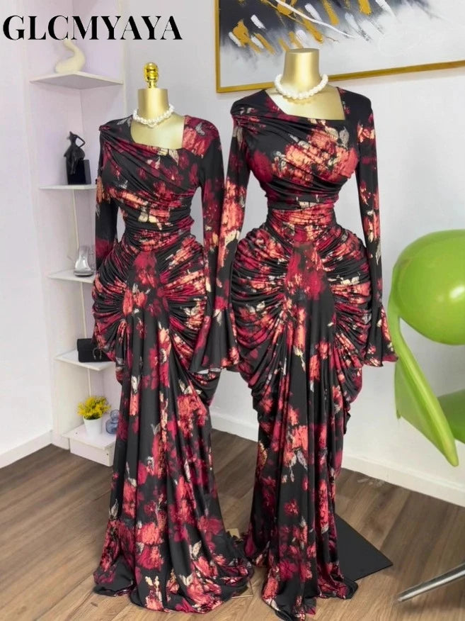 CM.YAYA Women Tie Dye Printed Skew Neck Long Sleeve Ruched Stacked Maxi Long Dress 2025 Fall Evening Birthday Sexy Party Dresses