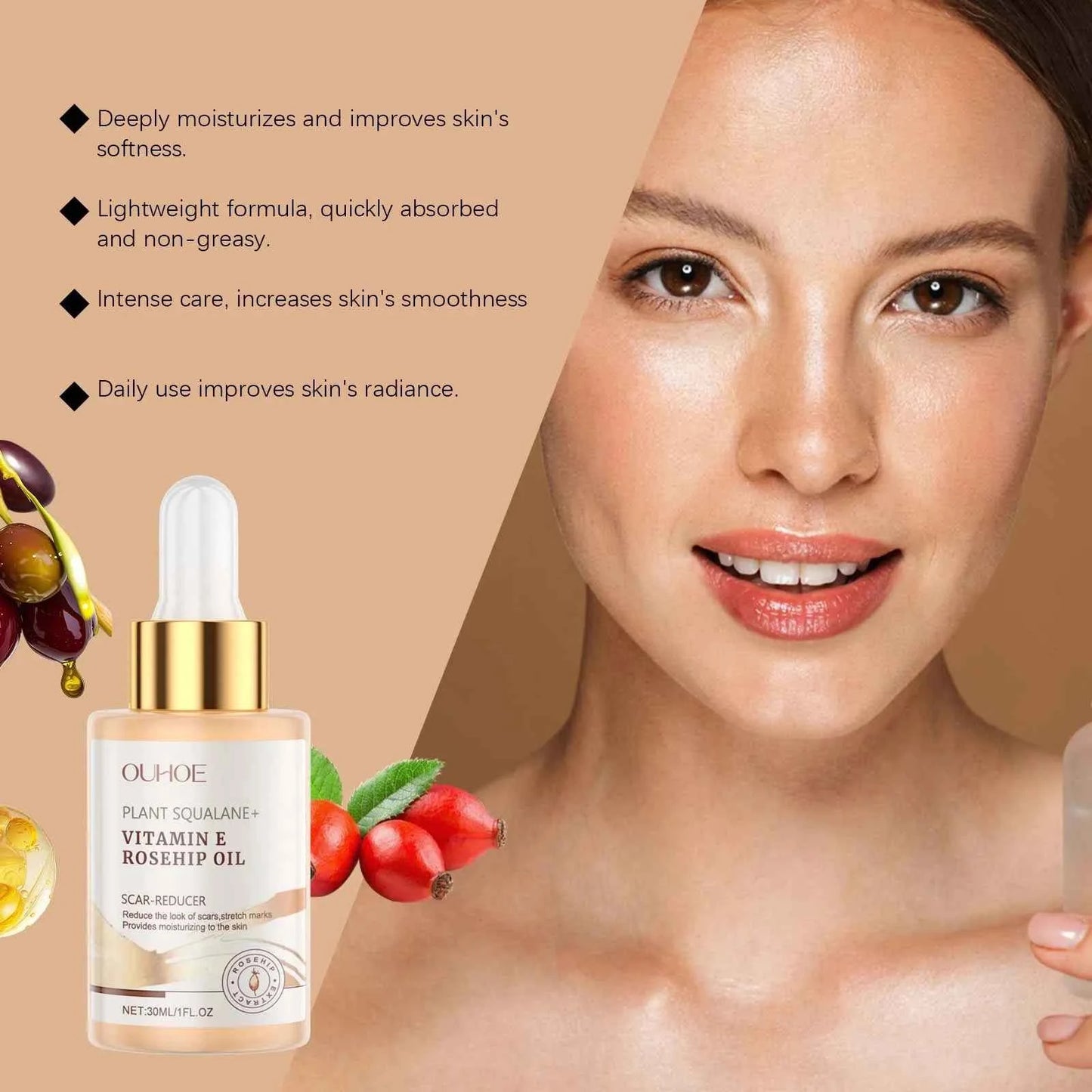 Ouhoe Rosehip Face Care Essence Oil Nourishing Skin Lasting Hydrating Enhance Smoothness Firming Softening Face Care Essence Oil