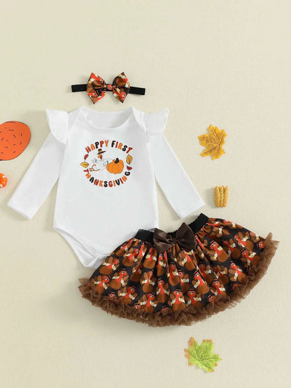 Adorable Baby Girls 3-Piece Thanksgiving Ensemble with Long Sleeve Romper Mini Skirt and Headband - Fall Fashion Set