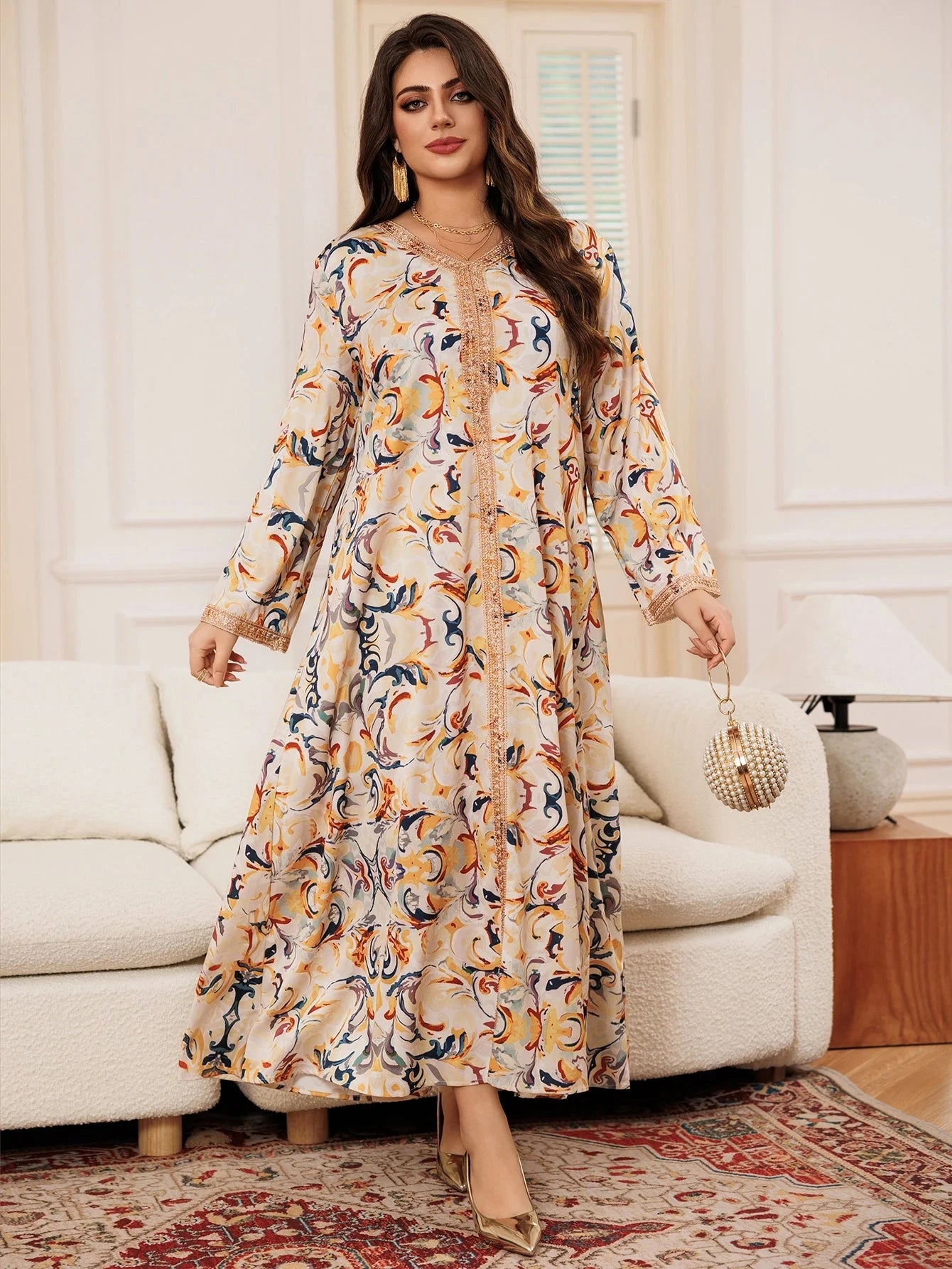 Women's Dress Multicolour Long Sleeve Printed Lace Patchwork Middle East Arabian Resort Style Maxi Dress Maxi Dress Simple - AMULET RING STORE