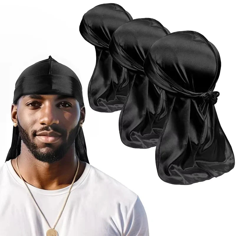 3PCS/LOT Long Durag Silk Satin Bandanas Cap Turban Hat Wigs Biker Headwrap Chemo Cap Pirate Hat Men Women Hair Accessories - AMULET RING STORE