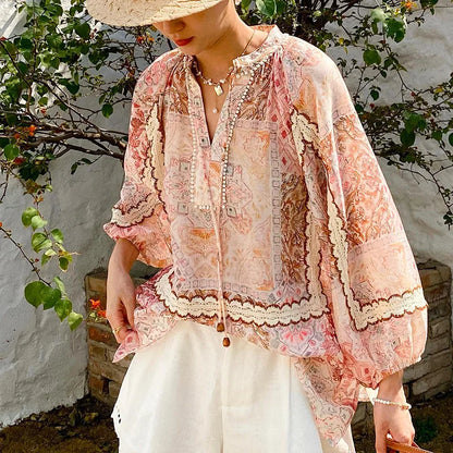 Boho Flrench Chic Floral Blouse Shirt Printed Summer Loose Lace Hollow Out Sexy Ladies Vocation Women Long Sleeve Top Shirts New
