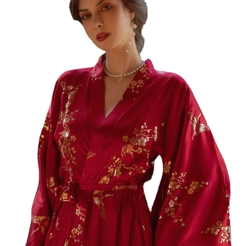 Luxury Burgundy Kimono Robe Women Wedding Bride Bathrobe Sexy Bronzing Flower Morning Dressing Gown Elegant Sleepwear Nightgown - AMULET RING STORE