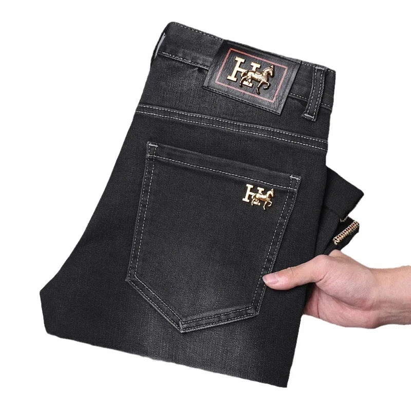 H Home Autumn/Winter Thickened European Style High-End Jeans Men's Trendy Brand Slims Smooths Your Silhouette Small Footed Trend