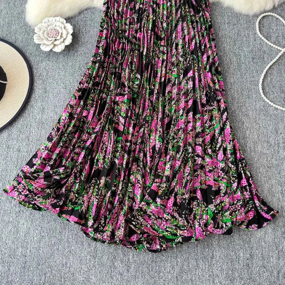 Chiffon A-Line Midi Skirt Women's Autumn 2025 New Sle Cover Hip Draped Large Swing Umbrella Skirt Pleated Floral Skirt