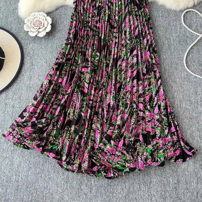 Chiffon A-Line Midi Skirt Women's Autumn 2025 New Sle Cover Hip Draped Large Swing Umbrella Skirt Pleated Floral Skirt