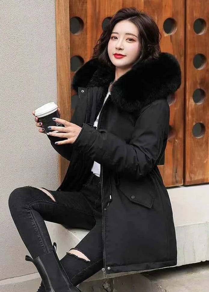 2025 Winter Women's Parka Cotton Padded Coat Korean Style Mid Length Waist Cinching Thickened for Cold Suitable for Short Girls