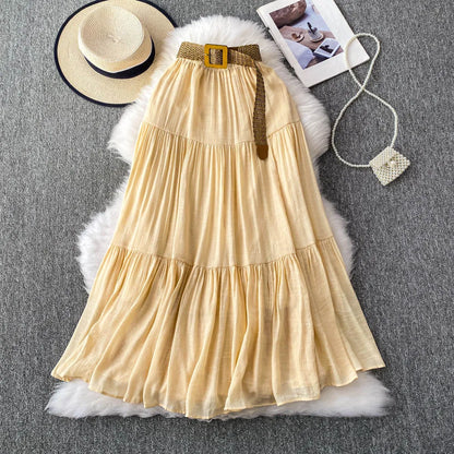 White High Waist A-Line Midi Skirt Women's Summer Casual Flared Cake Skirt Korean Sle Baking Poer Skirt for Young Women