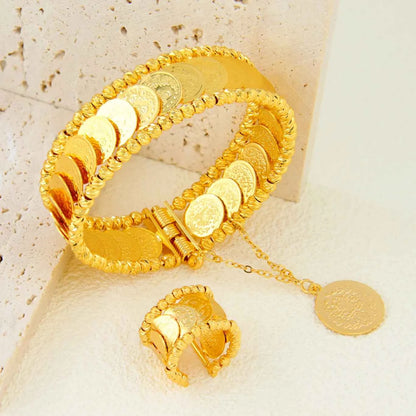 Luxury Turkish Coins Charm Jewelry Set 24k Gold Plated Kurdish Muslim Bridal Open Bangles Ring Middle Eastern Vintage Jewelrys