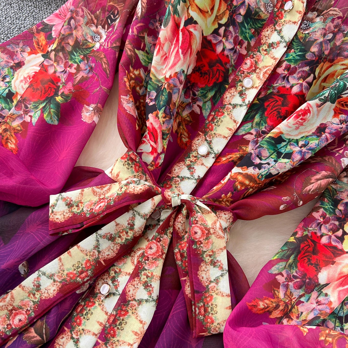 SINGREINY Vintage Print Chiffon Dresses Women Lantern Sleeve O Neck Design Fashion High Quality Court Floral Pleated Long Dress