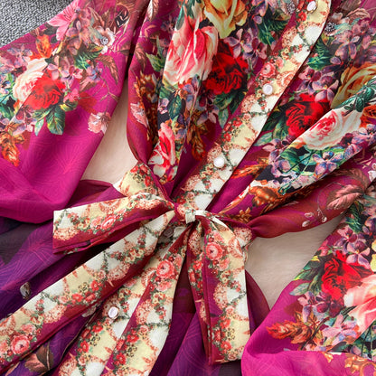 SINGREINY Vintage Print Chiffon Dresses Women Lantern Sleeve O Neck Design Fashion High Quality Court Floral Pleated Long Dress