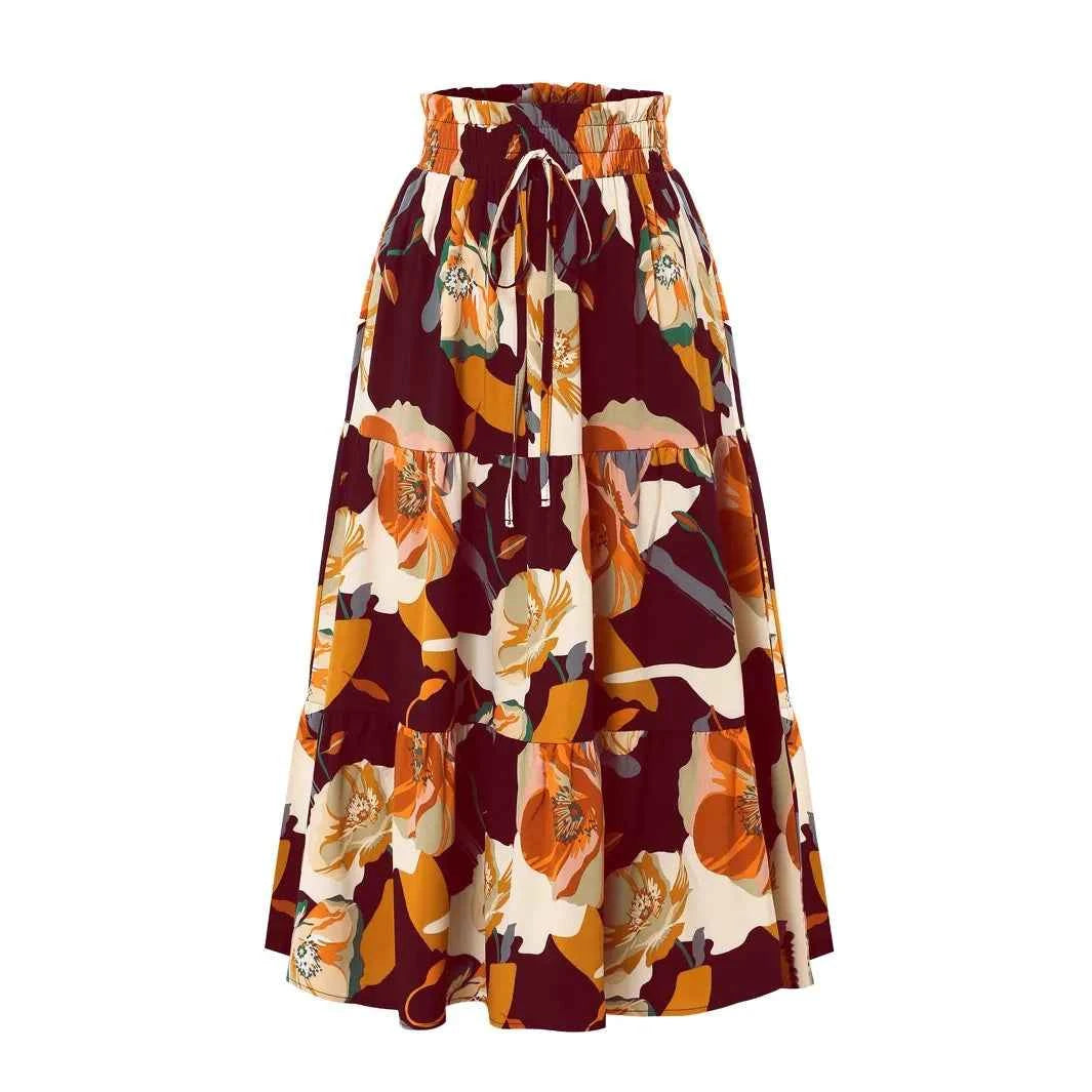 Women Floral Print Elastic Waist Pleated Skirt Multiple Colors All-match Lady Skirt