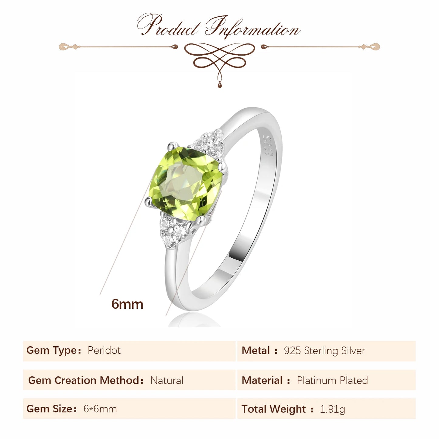 Potiy 1.1ct Genuine Natural Peridot 925 Sterling Silver Solitaire Ring for Woman Fashion Gemstone Fine Jewelry Wedding