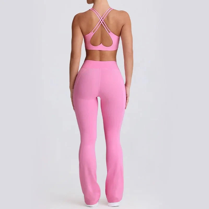 2PCS Yoga Set Women Sports Bra Sexy Gym Top Cross Strap Breathable Fitness Bra Peach Hip Yoga Pants Workout Clothes Sportswear