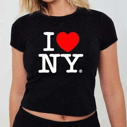 I Love New York NY O Neck Womens Cropped Top Harajuku Gothic Clothes Y2k Summer Fashion T Shirt Baby Tee 2000s Tshirt Dropship - AMULET RING STORE