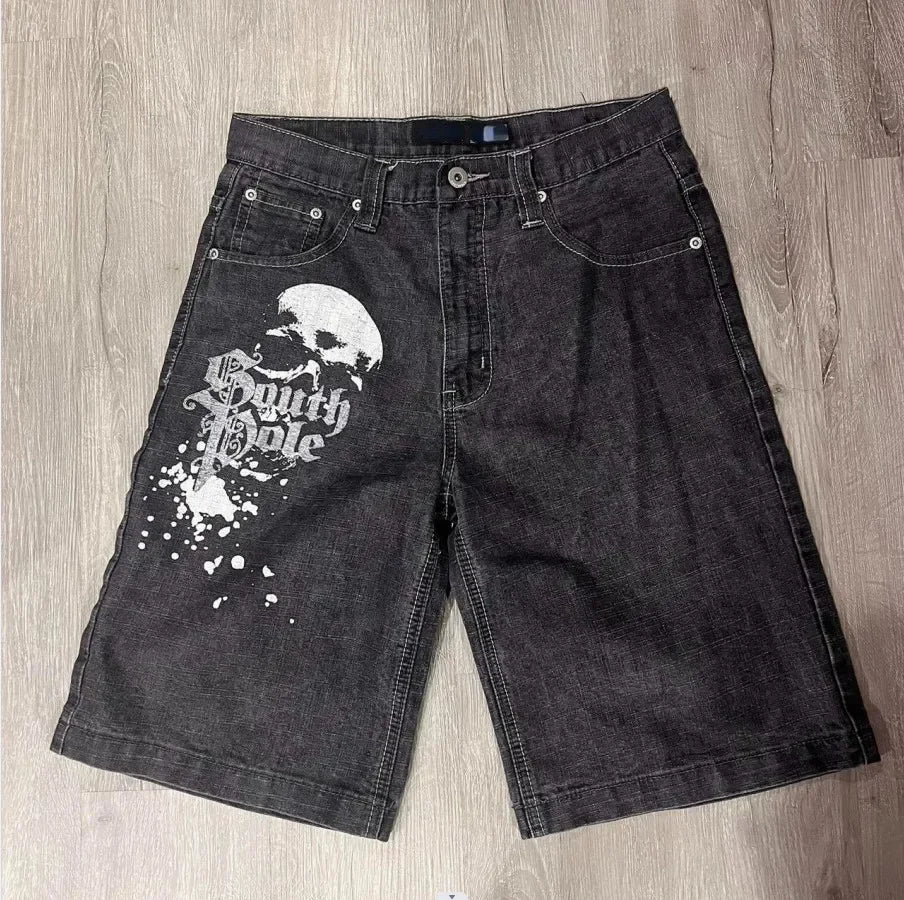 Gothic Punk Skull Letter Pattern Patchwork Shorts Men Y2k Streetwear Pants Hip Hop Fashion Denim Shorts Summer New Hot Sale - AMULET RING STORE