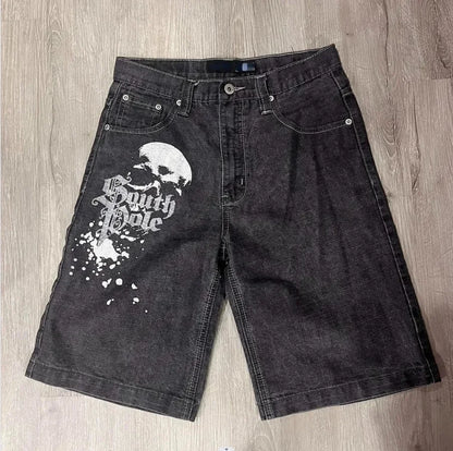 Gothic Punk Skull Letter Pattern Patchwork Shorts Men Y2k Streetwear Pants Hip Hop Fashion Denim Shorts Summer New Hot Sale - AMULET RING STORE
