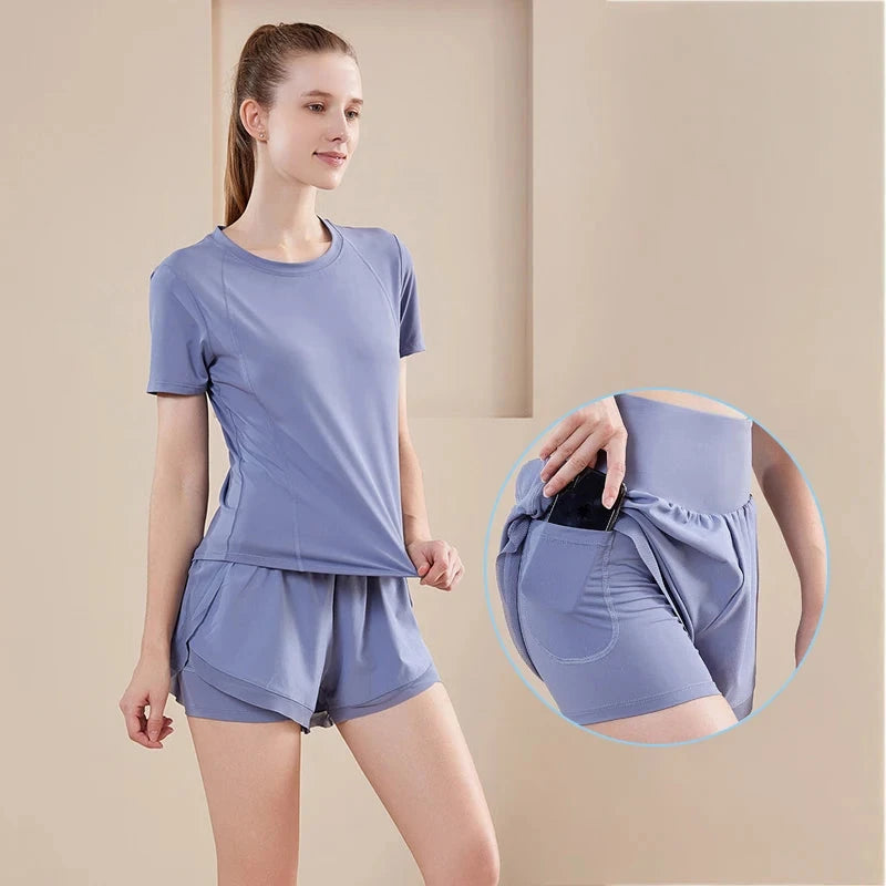 Yoga Set Women Sport T-Shirt Back Mesh Design High Waist Shorts Quick Dry Run Yoga Sports Short Sleeve Shorts Two-piece Yoga Set