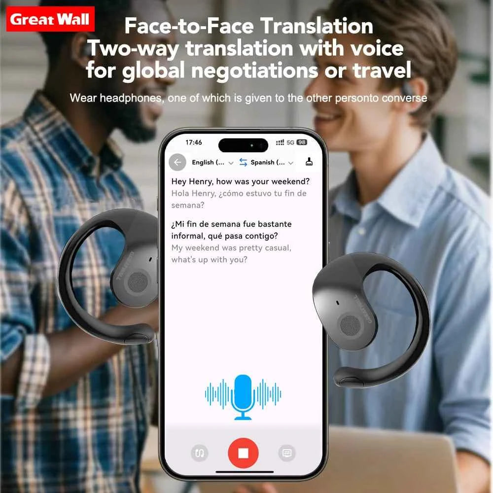 GreatWall AI Real-Time Translation Wireless Bluetooth Earphones Supporting Over 100 Voice Languages Translation Headphones