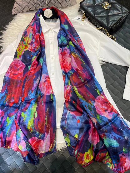 Brand Beige Cartoon Cat 100% Silk Scarf Shawl Bufanda Women Spring Fall Fashion Large Size Winter Long Scarves Bufanda 180*110cm